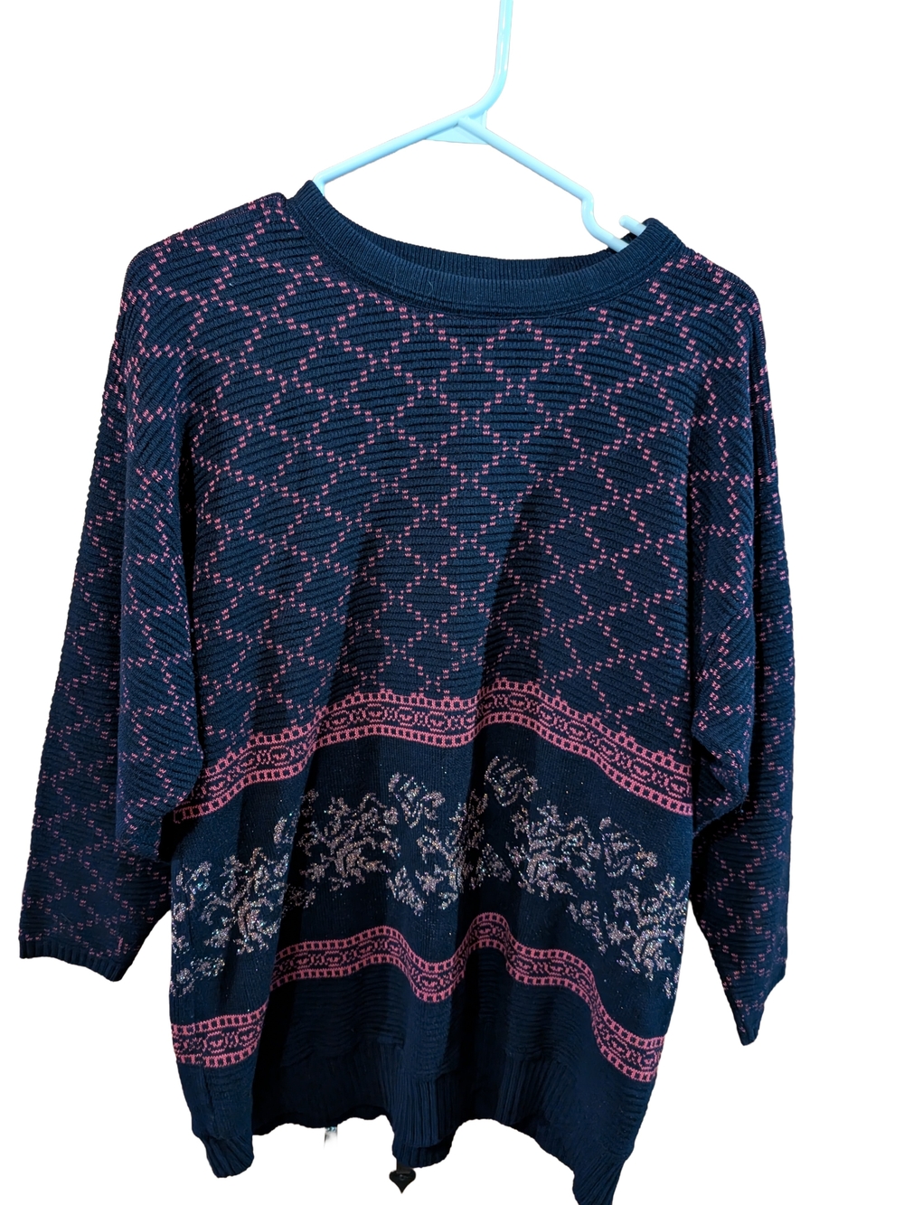 Women's Navy and Pink Patterned Pullover Sweater